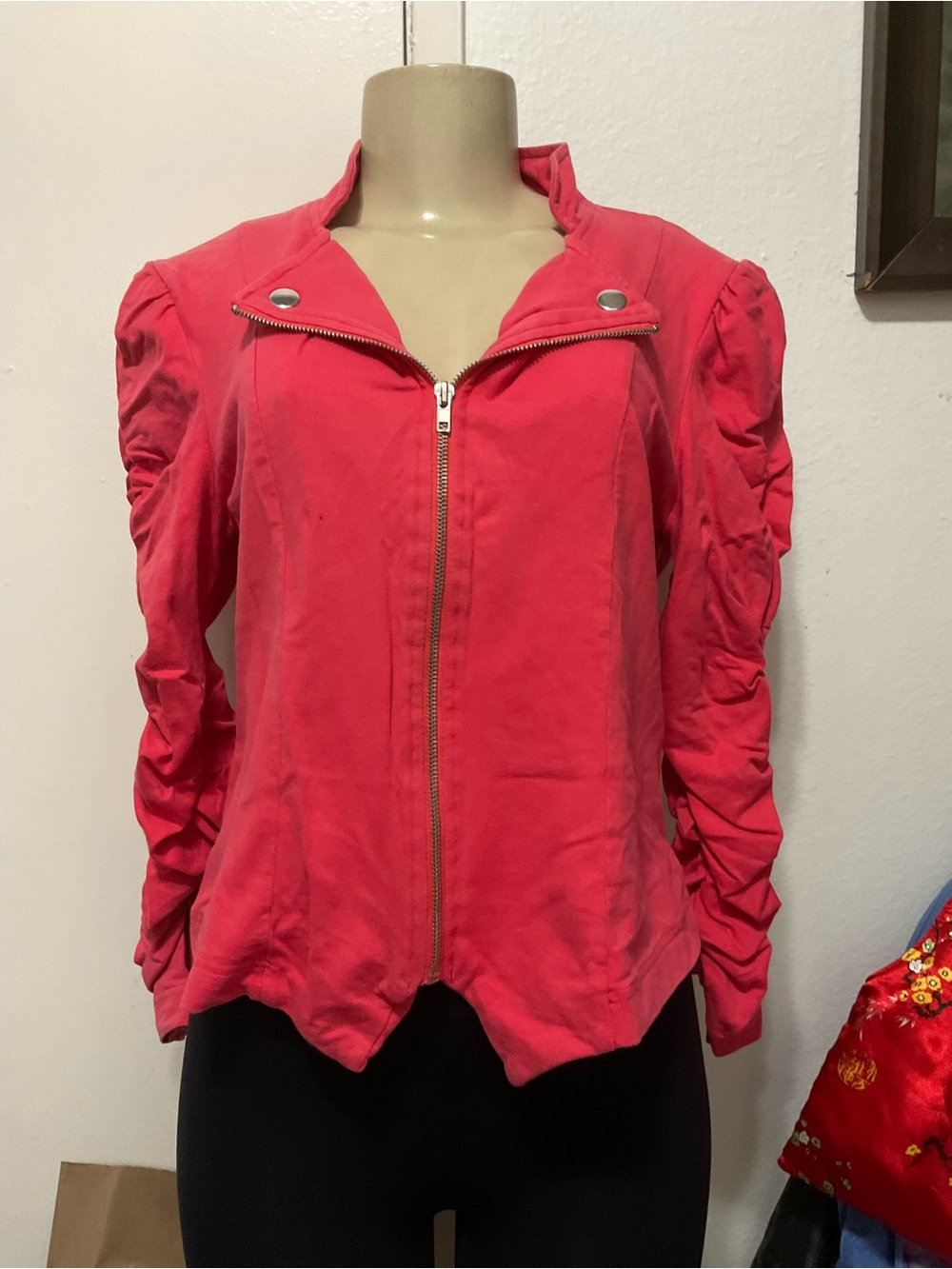 JohnPaulRichard Women's Y2K Coral Zip-up Jacket with Ruched Sleeves